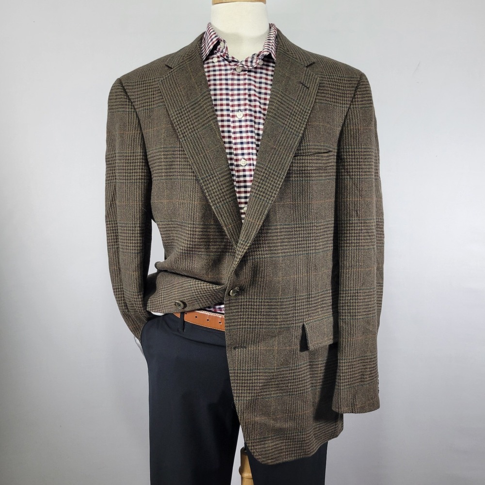 VTG JOS A BANK‎ Men's Sport Coat Blazer Two Button Brown Plaid Wool Size 46R